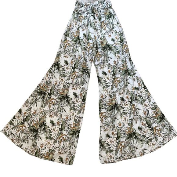 Peach Love California white & green leaf print pull on wide leg lightweight SZ S - Picture 5 of 13